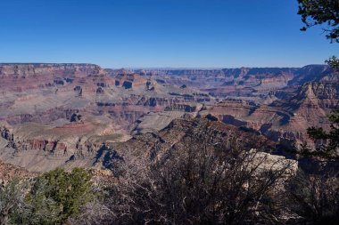 Büyük Kanyon, ABD - 20 Ekim 2025 - Açık mavi gökyüzü altında Genişletici Büyük Kanyon manzarası, katmanlı kaya oluşumları ve kurak bitki örtüsü