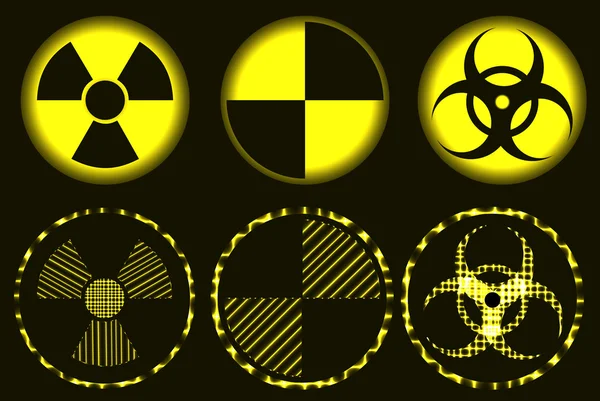 Sada neon jaderné nebezpečí, karanténní a biohazard neon symbolů — Stockový vektor