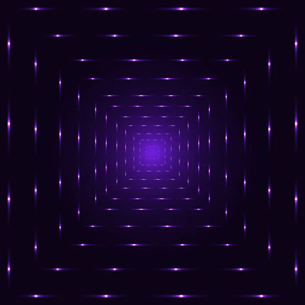 Violet néon laser perspective tunnel abstrait, violet ponctué lignes carrées — Image vectorielle