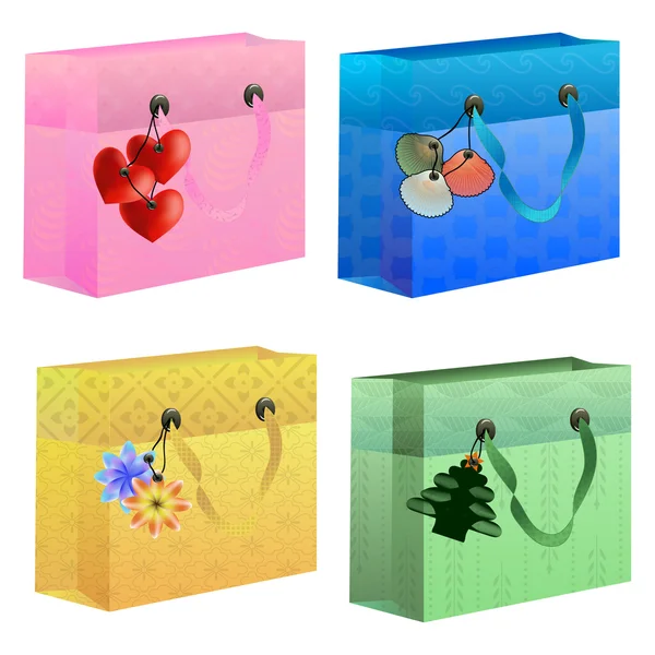 Sacs cadeaux colorés avec des étiquettes thématiques — Image vectorielle