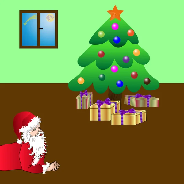 Santa Claus sonriendo a su trabajo, descansando y pensando — Vector de stock