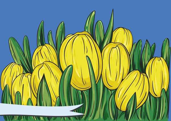 Şablon bahar kartı ile mavi zemin üzerine Sarı laleler.