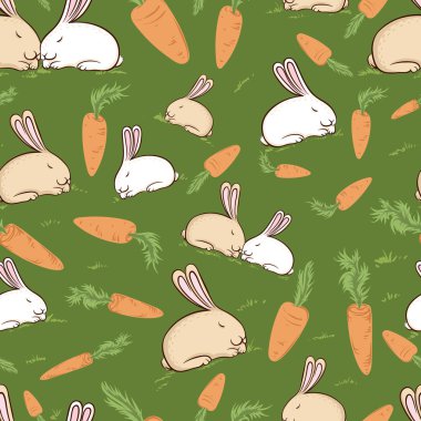 Sevimli tavşanlar ve yeşil zemin üzerine havuç ile Seamless Modeli.