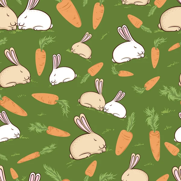 Patrón sin costuras con lindos conejos y zanahorias en el fondo verde . — Archivo Imágenes Vectoriales