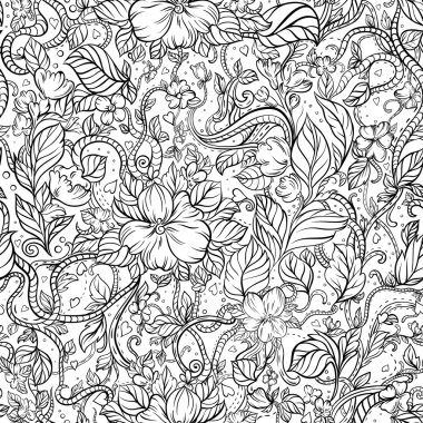 Seamless doodle background with flowers, hearts and leaves. clipart
