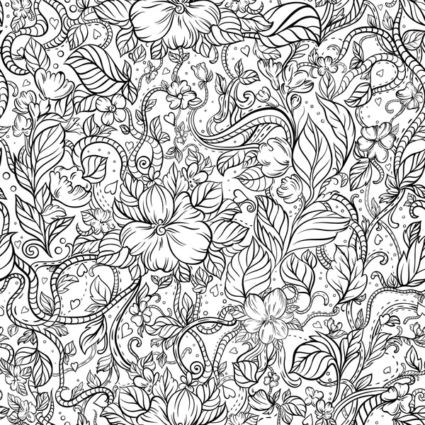 Nahtloser Doodle-Hintergrund mit Blumen, Herzen und Blättern. — Stockvektor