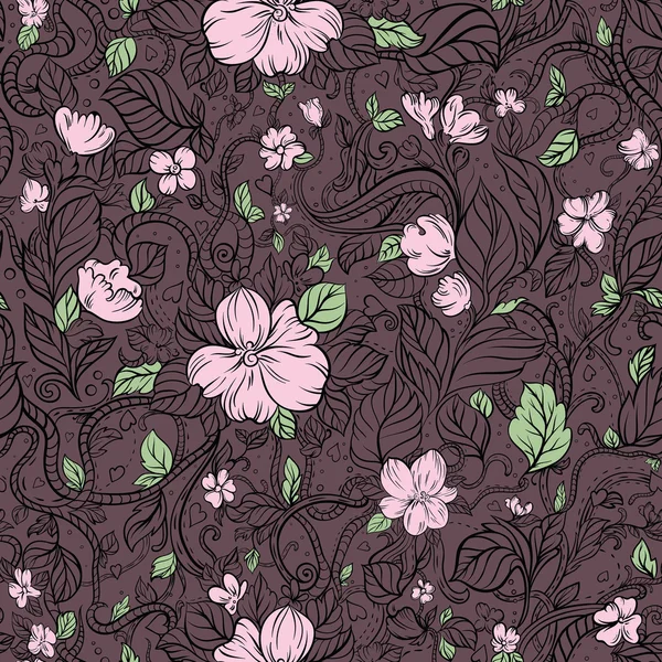 Sorunsuz doodle arka planını çiçekler, hearts ve yaprakları.