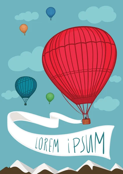 Şablon kartı sıcak hava balonları, şerit ve dağlar.