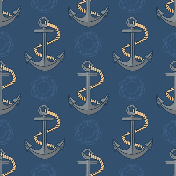 Marine seamless pattern with anchors and lifebuoys. — Stock Vector
