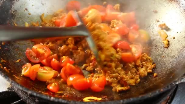 Carne Porco Picada Com Pasta Pimenta — Vídeo de Stock