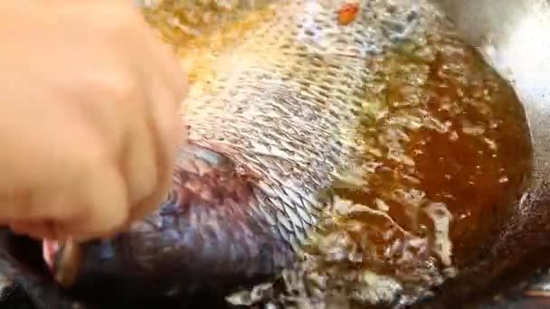 Fisch Pfanne Braten Tür Chiangmai Thailand — Stockvideo