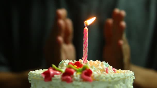 Man Clapping Hands Blowing Out Candle Birthday Cake Studio Chiangmai — Stock Video