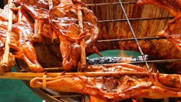 ストリートフードのストーブで鶏を焼く チェンマイタイ — ストック動画