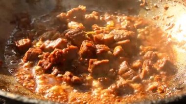 cooking chopped pork with soy sauce or Ba-Teng, in door  Chiangmai  Thailand