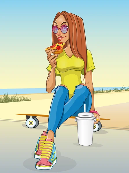 Pizza plage fille — Image vectorielle