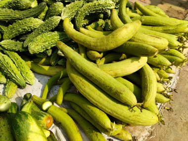 Pazarda bir sürü taze kabak ve kavun var.