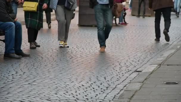 人々は歩道石畳の舗装に沿って歩く — ストック動画