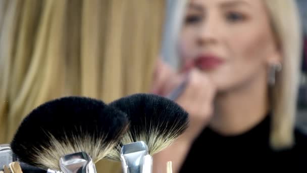 Makeup Borstar Förgrunden Bakgrunden Makeup Artist Målar Flickans Läppar — Stockvideo