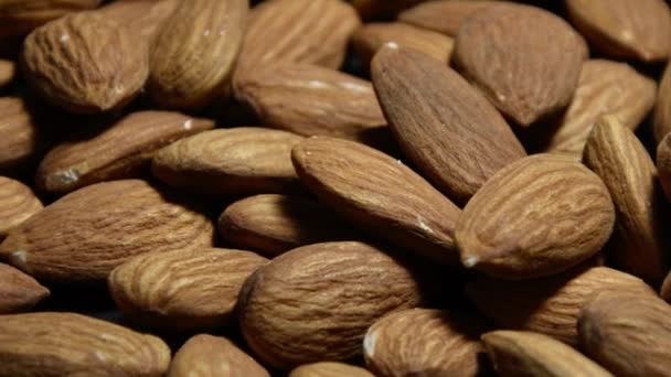 Una Dispersión Almendras Secas Sobre Fondo Oscuro Una Pila Nueces — Vídeo de stock