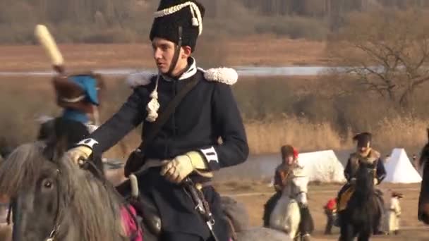 Russian Cavalrymen Attack French Horsemen Berezina River Soldiers Fire Guns — Vídeo de Stock