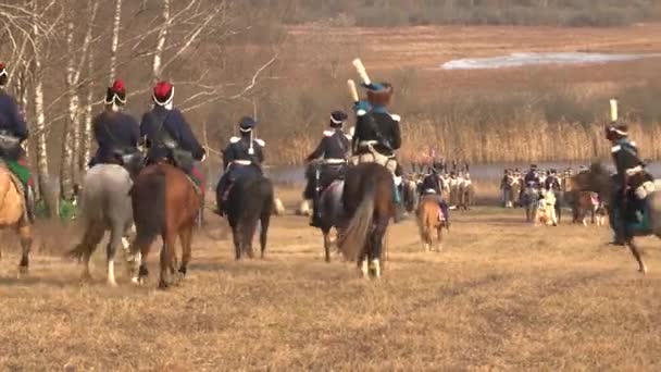 Russian Cavalrymen Attack French Horsemen Berezina River Soldiers Fire Guns — Vídeo de Stock