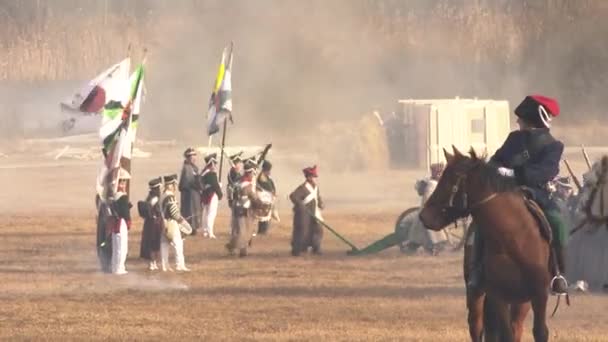 Russian Cavalrymen Attack French Horsemen Berezina River Soldiers Fire Guns — Vídeo de stock