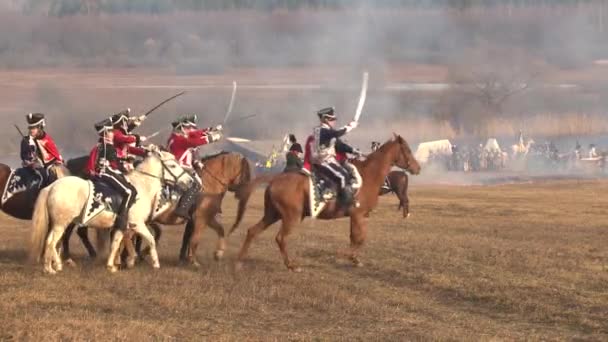 Russian Cavalrymen Attack French Horsemen Berezina River Soldiers Fire Guns — Stock video