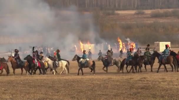 Russian Cavalrymen Attack French Horsemen Berezina River Soldiers Fire Guns — Vídeo de Stock