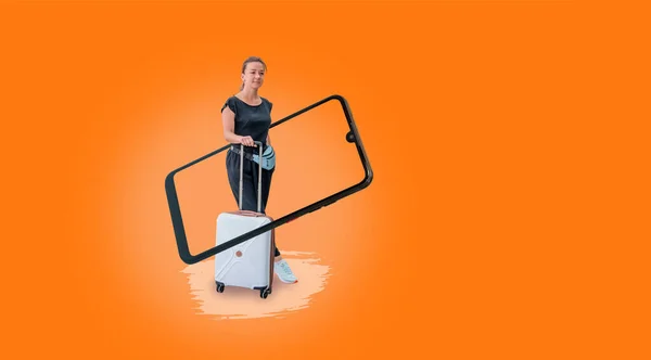An unusual illustration of a young woman walking with a suitcase through a smartphone screen.  The concept of travel.
