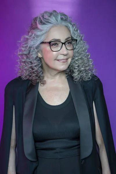 Studio Portrait Smiling Elderly Woman Years Old Strict Black Suit — Stock Photo, Image