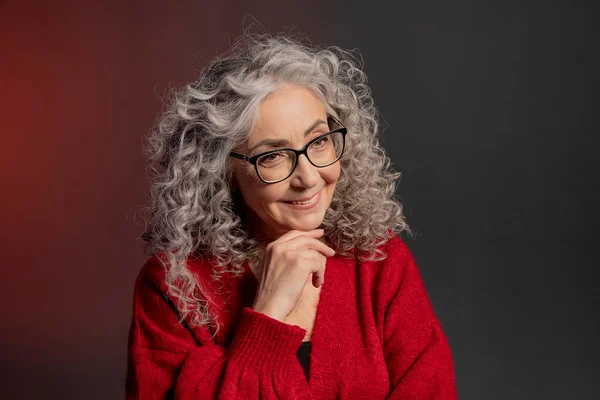 Studio Portrait Smiling Elderly Woman Years Old Red Sweater Glasses — Stock Photo, Image