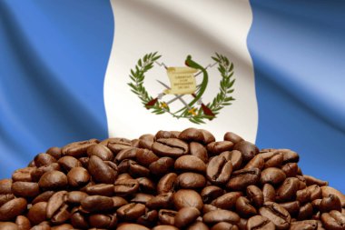 Guatemala bayrağının arka planında kavrulmuş kahve çekirdekleri. Konsept: en iyi aromalı kahve, ihracat ve ithalat.