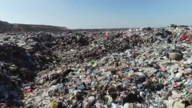 Açık şehir çöplüğü. Kuşlar uçuyor, buldozer atık yığınlarını düzleştiriyor, hava fotoğrafçılığı. Kavram: kentin çevre sorunları, çevre kirliliği, atık depolama alanı.