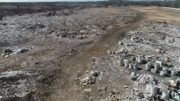 Ovanifrån Öppen Stad Soptipp Fåglar Flyger Bulldozer Nivåer Högar Skräp — Stockvideo