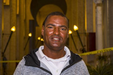 40 yaşlarında gülümseyen Mısırlı bir adamın portresi şehir manzarasının arka planında, bakışları kameraya çevrilmiştir..