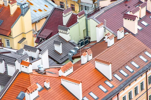 Texture of urban old roofs of a European city, top view.