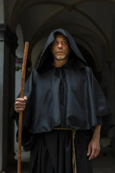 Portrait Elderly Monk Years Old Beard Black Robe Staff Standing — Stock Photo, Image