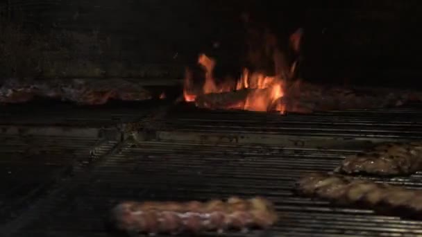 Mięso Jest Grillowane Grillu Metalowe Ruszty Wirują Nad Ogniem Pieczenie — Wideo stockowe