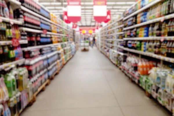 Fondo Borroso Pasillo Vacío Una Tienda Centros Comerciales Estantes Con — Foto de Stock