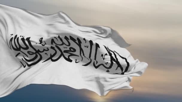 Drapeau Avec Des Symboles Mouvement Terroriste Islamiste Flotte Sur Fond — Video