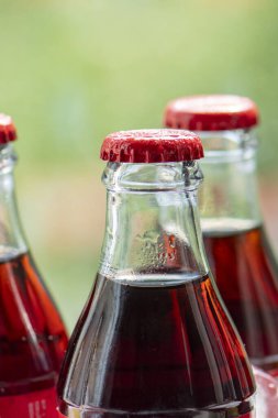 Doğanın bulanık yeşil arka planında cam Coca-Cola şişeleri, seçici odak; Ukrayna, Lviv, 2 Eylül 202