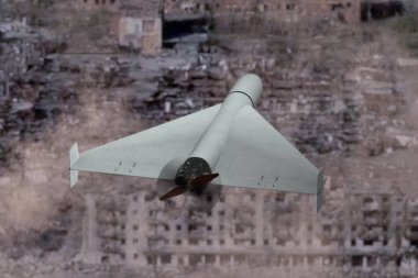 Şehrin yıkık dökük binalarının üstünde modern bir savaş uçağı.