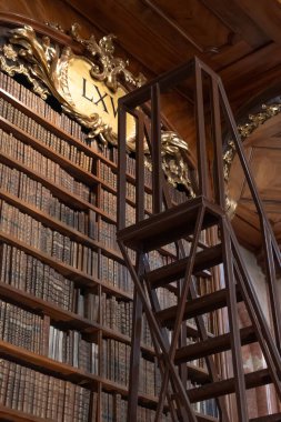 Avusturya, Viyana, 6 Ağustos 2025: Avusturya Ulusal Kütüphanesi 'nin tarihi Barok Salonu' nun içi, antika ciltlere ve metal kütüphane merdivenlerine karşı oyulmuş yaldızlı süslemelere karşı uzun kitaplık