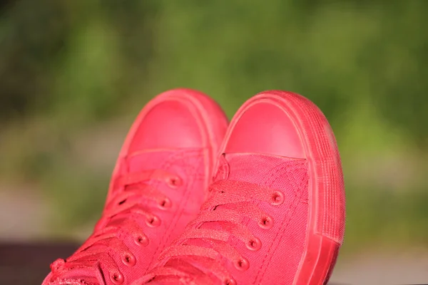 在绿色背景上的红色运动鞋 — 图库照片