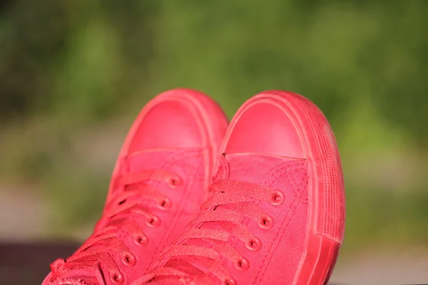 Rote Turnschuhe auf grünem Hintergrund — Stockfoto