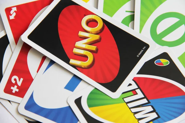 Kartenspiel Uno Draufsicht Auf Spielmoment Stockbild