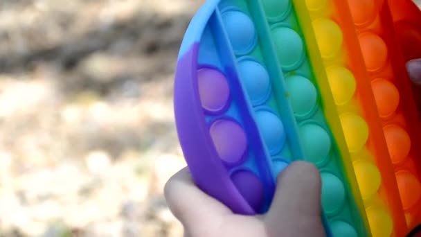 O menino está descansando no parque, jogando pop-lo, substituindo o telefone, atividades ao ar livre. — Vídeo de Stock