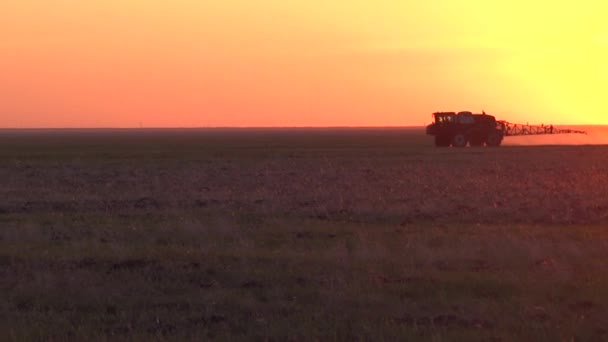 Un tracteur sur le terrain pulvérise les champs au coucher du soleil, une journée difficile pour le travailleur acharné. Traitement chimique des champs contre les ravageurs et les maladies. L'agroculture moderne. — Video