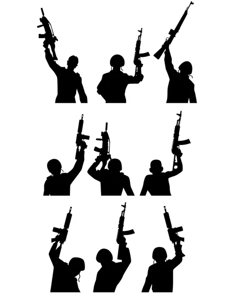 Soldados con siluetas de armas — Vector de stock