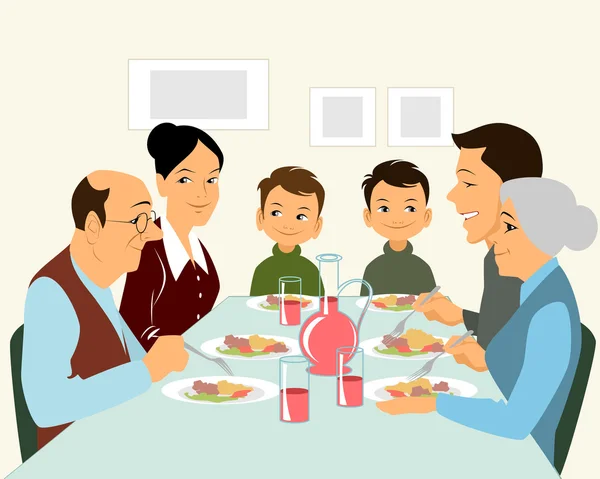 Gran familia comiendo — Vector de stock